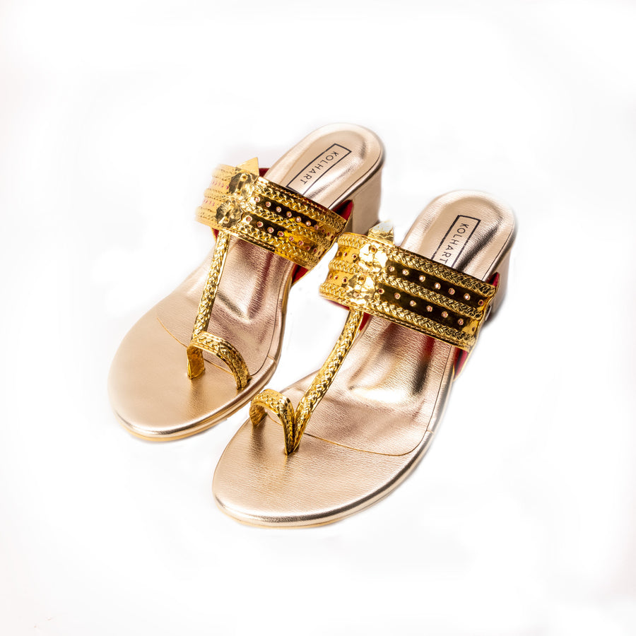 Kolhapuri gold block heel handmade in leather