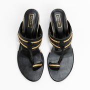 Black and gold block heels