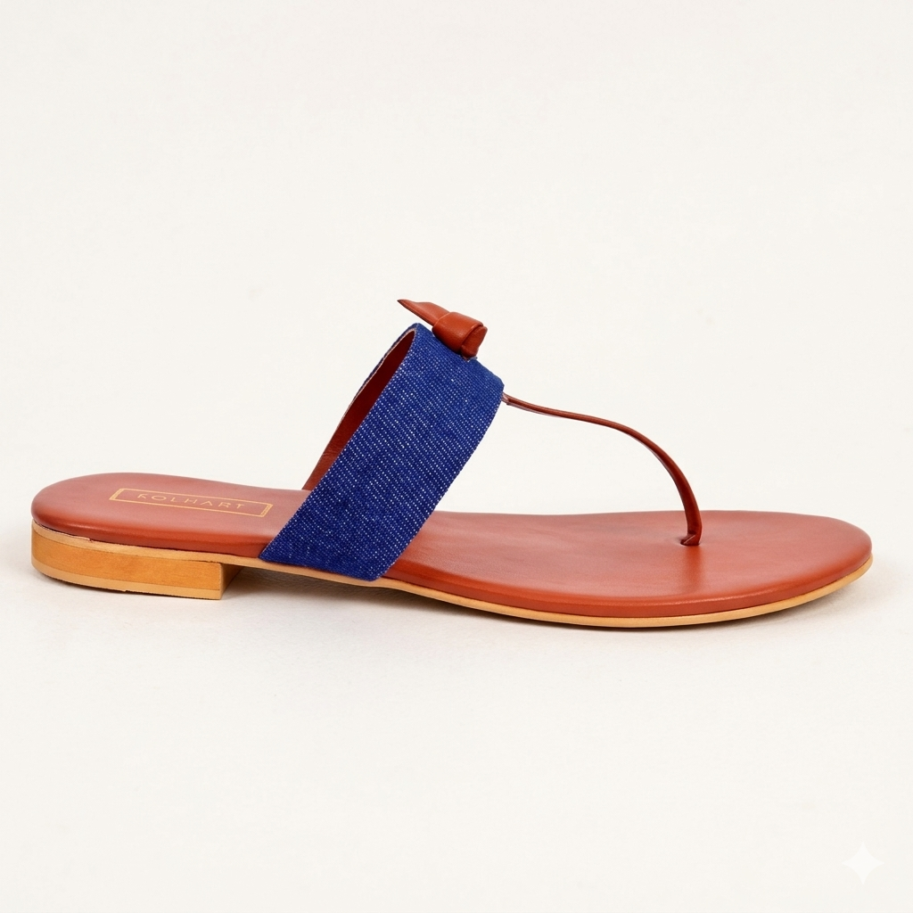 Sandal with a blue strap and brown sole on a white background