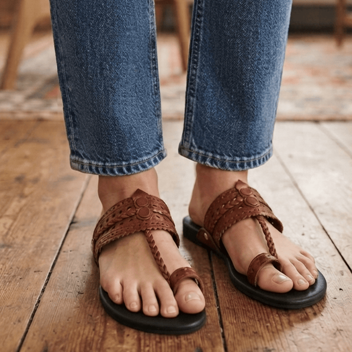 A person wearing brown kolhapuri sandals with black soles, paired with blue jeans, standing on a rustic wooden floor.