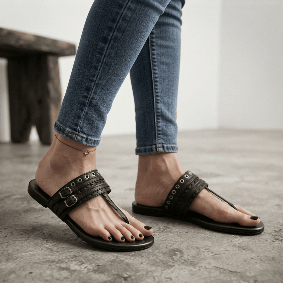 Black leather thong sandals with silver-tone buckles and eyelet details, shown on a model's feet wearing blue jeans in a minimalist indoor setting.