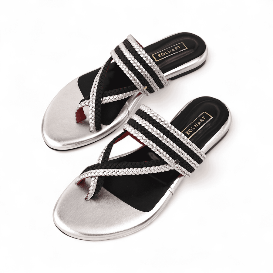 Samara | Black & Silver Braided Sandal in Leather