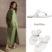 A model wears an olive green long kurta and white Emel flat thong sandals on the left, while the right side shows the sandals individually on a white background with the text 'Emel flats'.