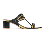 Black and gold block heels