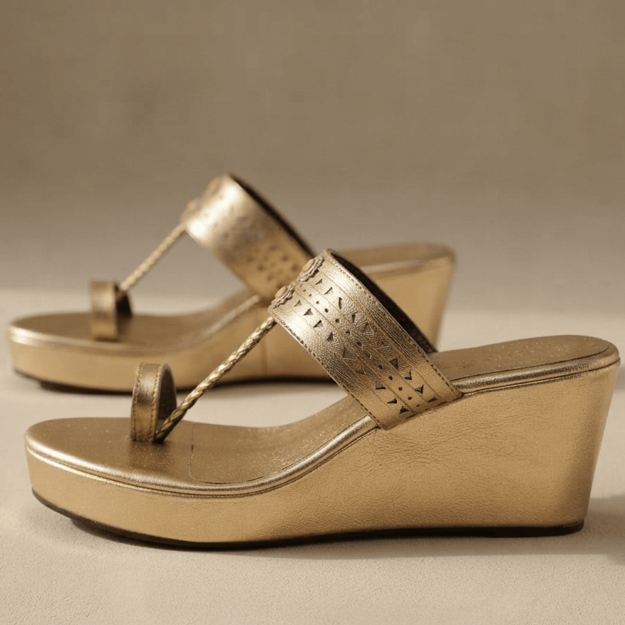 A pair of metallic gold wedge sandals with cutout details on the straps, shown on a neutral beige background.