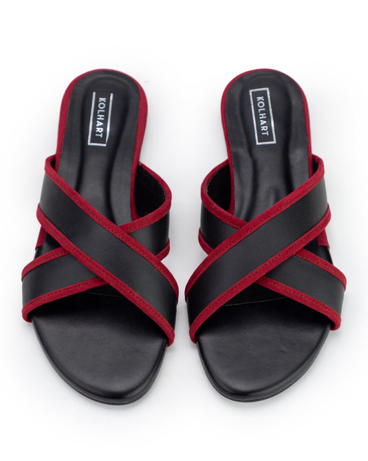 Raven Rose – Black & Red Cross-Strap Slides