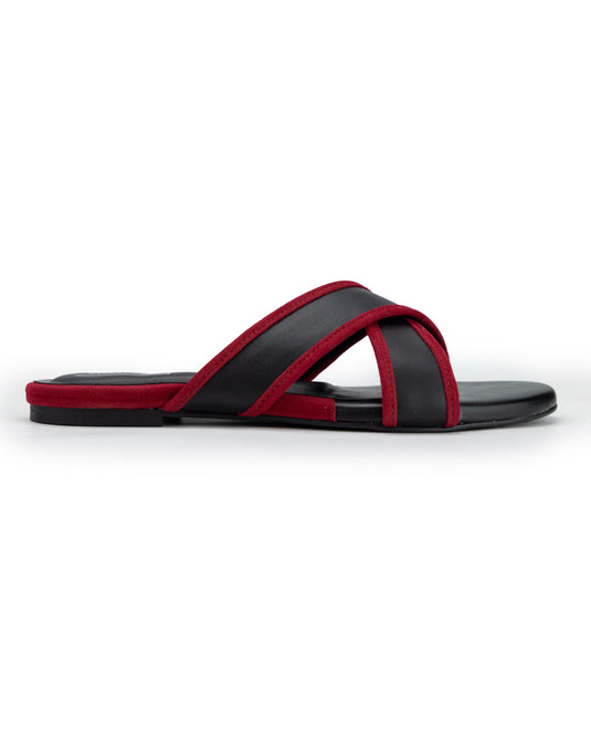 Raven Rose – Black & Red Cross-Strap Slides