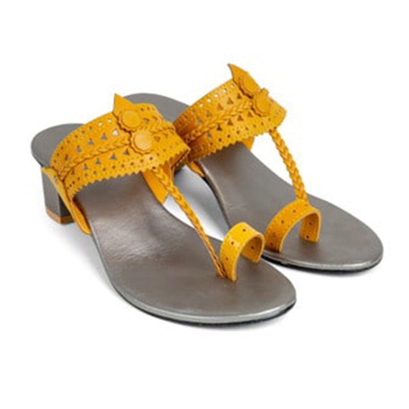 Yellow leather block heels