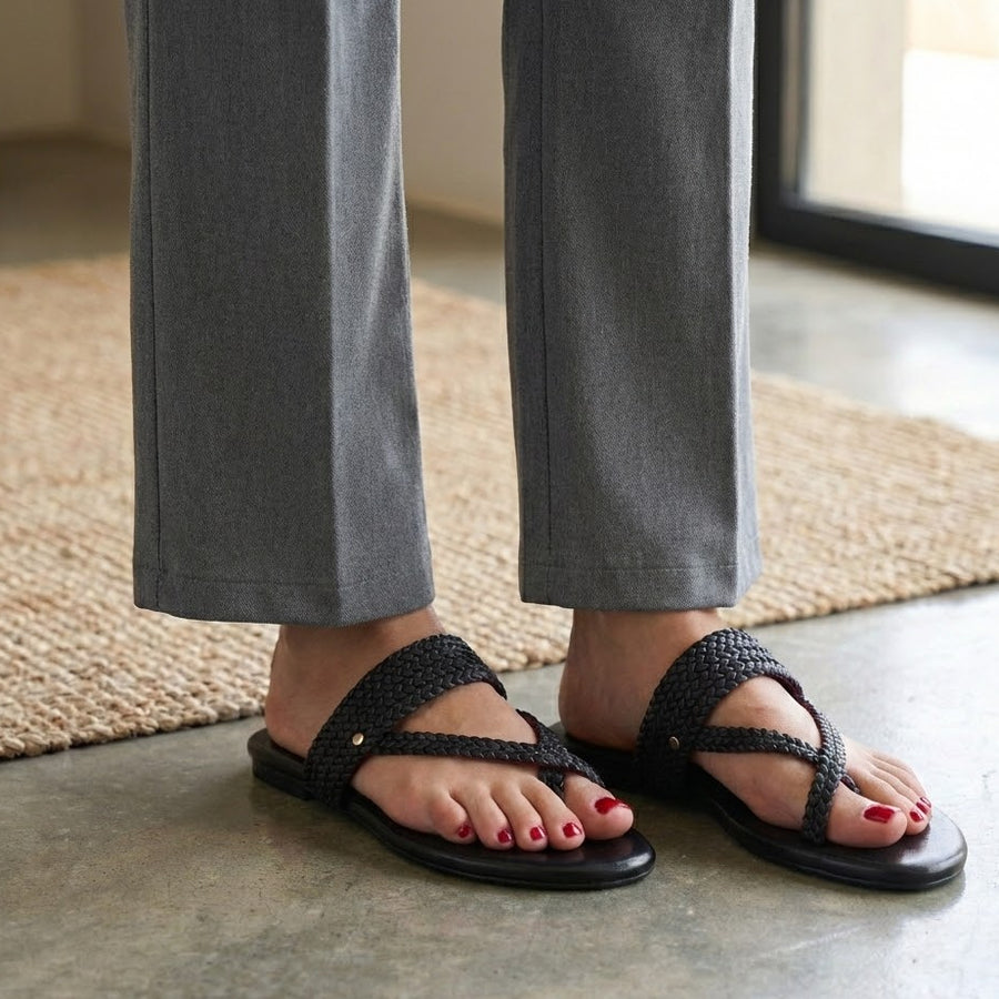 Samara | Black Braided Sandal in Leather